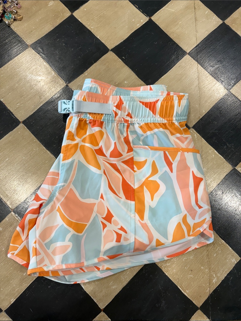 Abstract Print Mini Skirt with Elastic Buckle Waist in Light Blue & Orange